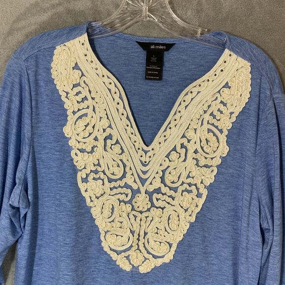 Ali Miles Tunic Large Blue 3/4 Sleeves Embroidered V Neck Top Lagenlook Top - Picture 5 of 10